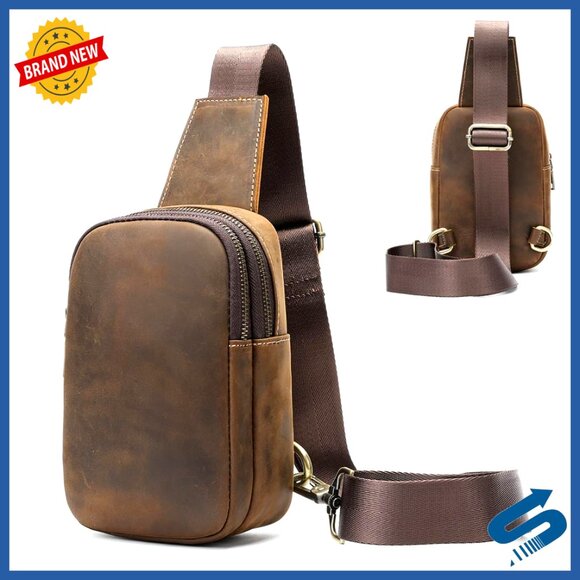 Vintage Leather Sling Bag for Men Crossbody Messenger Small Daypack
